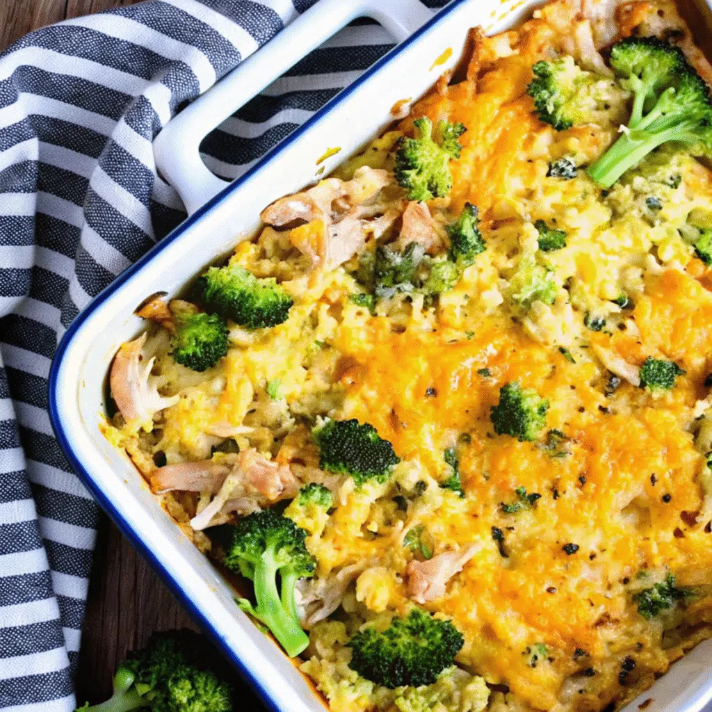 Low carb chicken casserole with melted cheese, broccoli, cauliflower rice, and crispy bacon in a white baking dish