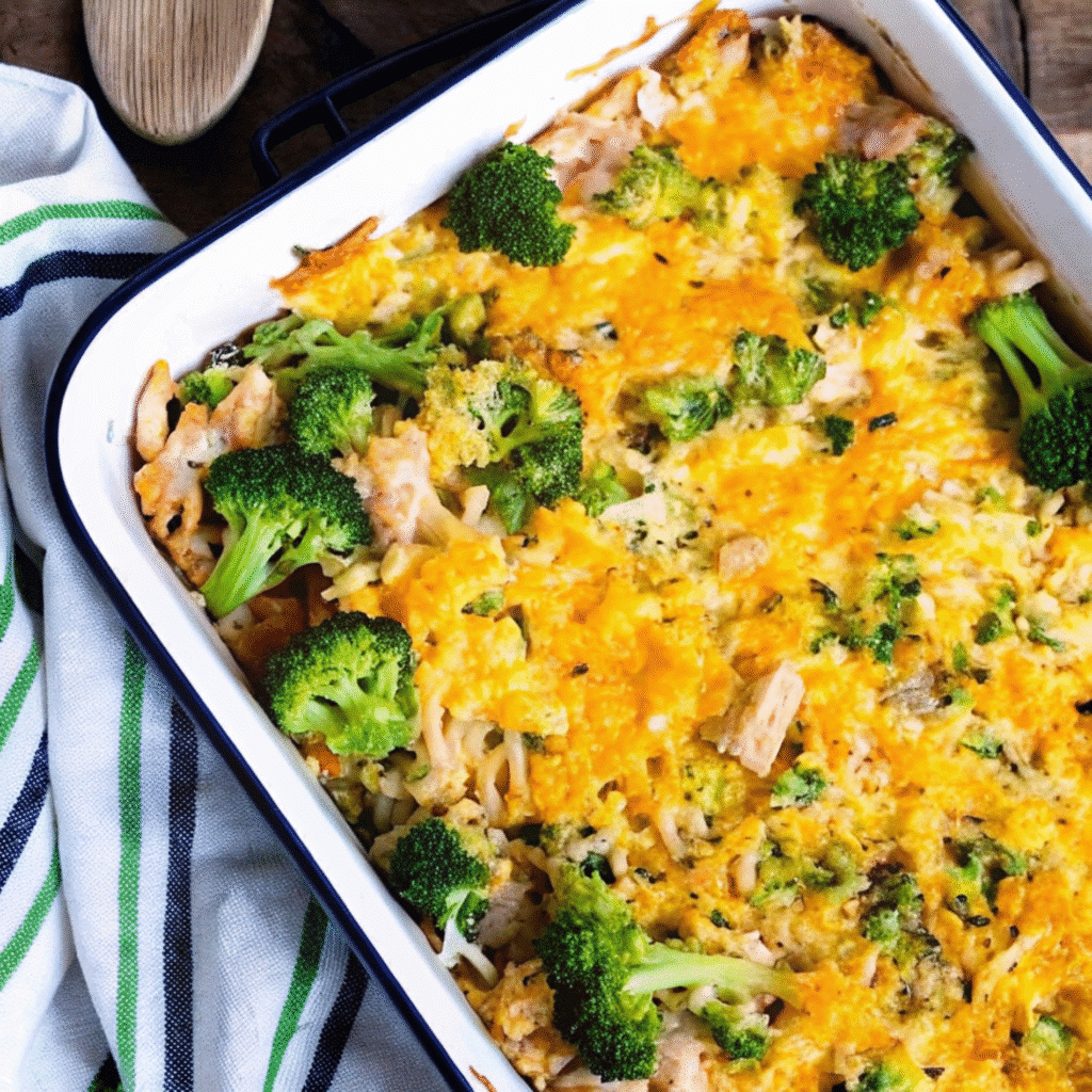 Low carb chicken casserole with melted cheese, broccoli, cauliflower rice, and crispy bacon in a white baking dish