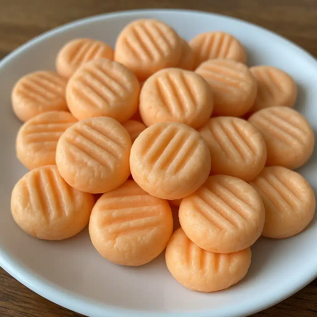 Orange cream cheese mints arranged on a white plate, showing their classic fork-pressed pattern and soft orange color