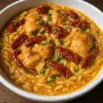 Creamy sun dried tomato chicken orzo in a black skillet with golden seared chicken breasts nestled in orzo pasta with wilted spinach and sun-dried tomatoes in a rich Parmesan cream sauce, garnished with fresh herbs.