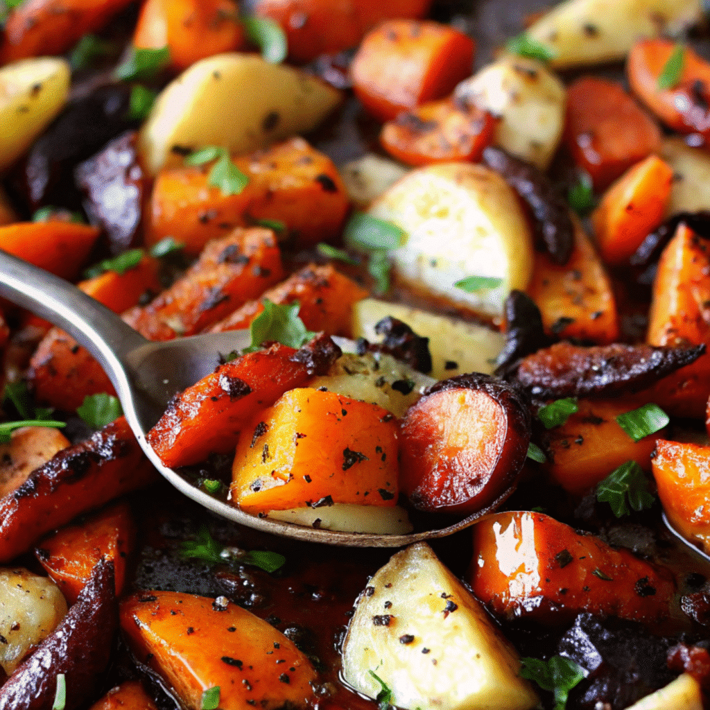 Maple Dijon Roasted Apples and Carrots – sweet and savory fall side dish ready in 30 minutes! Caramelized apples, tender carrots, glossy maple-mustard glaze.