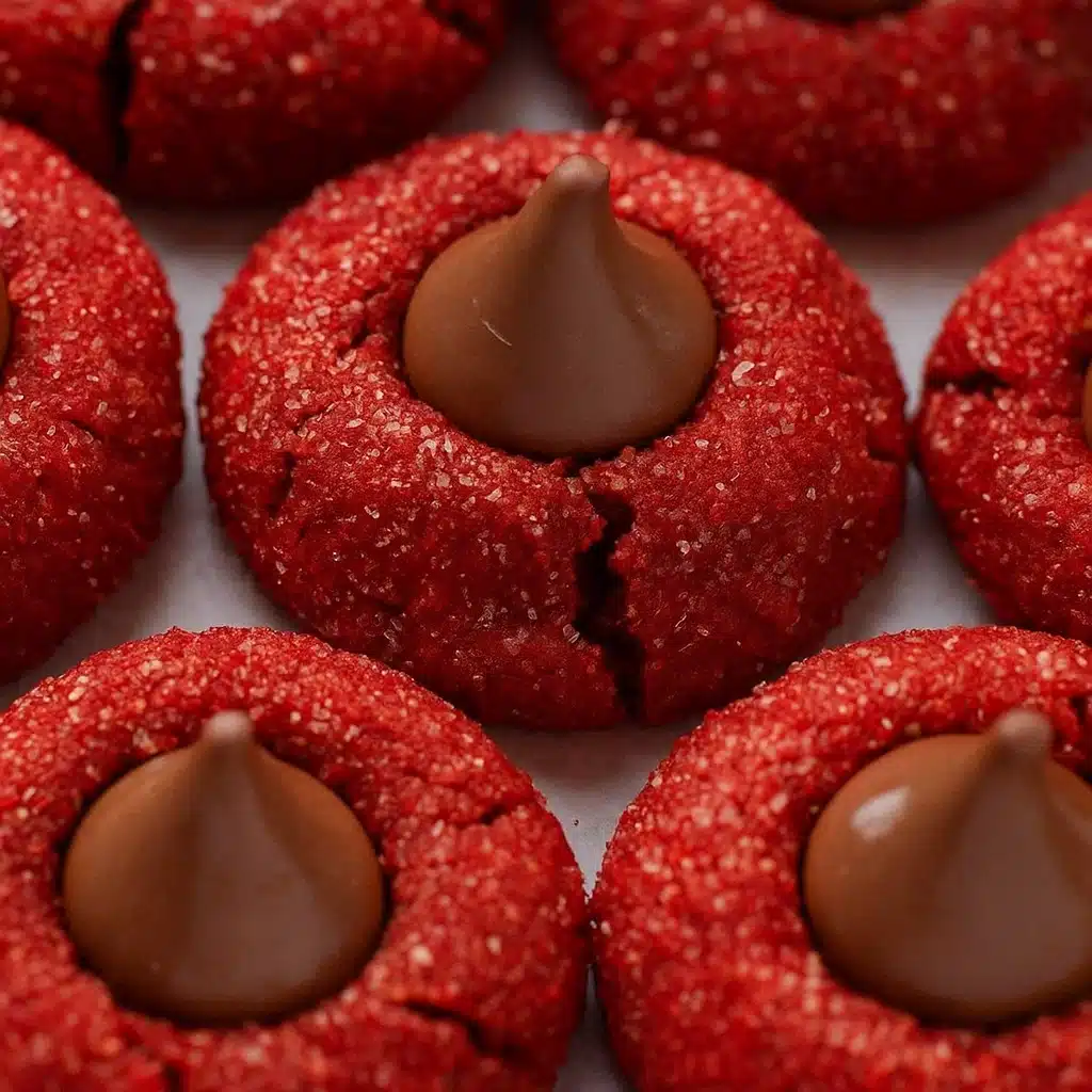 Hershey's Red Velvet Blossoms Cookies 7 Hershey's Red Velvet Blossoms Cookies are the perfect festive treat! Soft, buttery red velvet cookies rolled in sparkly red sugar and topped with chocolate Kisses – ready in just 25 minutes