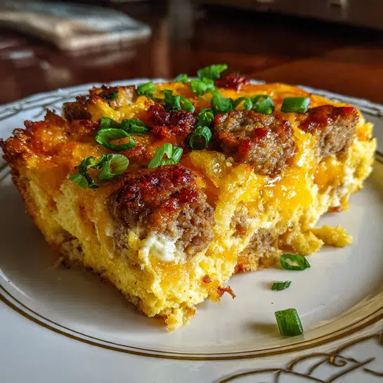 Golden baked sausage and egg casserole in a white baking dish with melted cheese on top, cut into squares and ready to serve