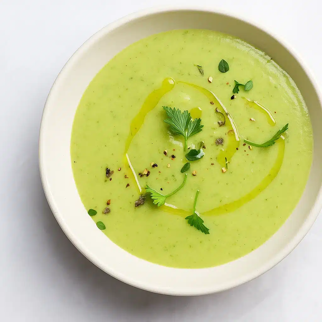 A bowl of vibrant bright green cream spring vegetable soup topped with a swirl of Greek yogurt and fresh chives, served with crusty bread on a white table.