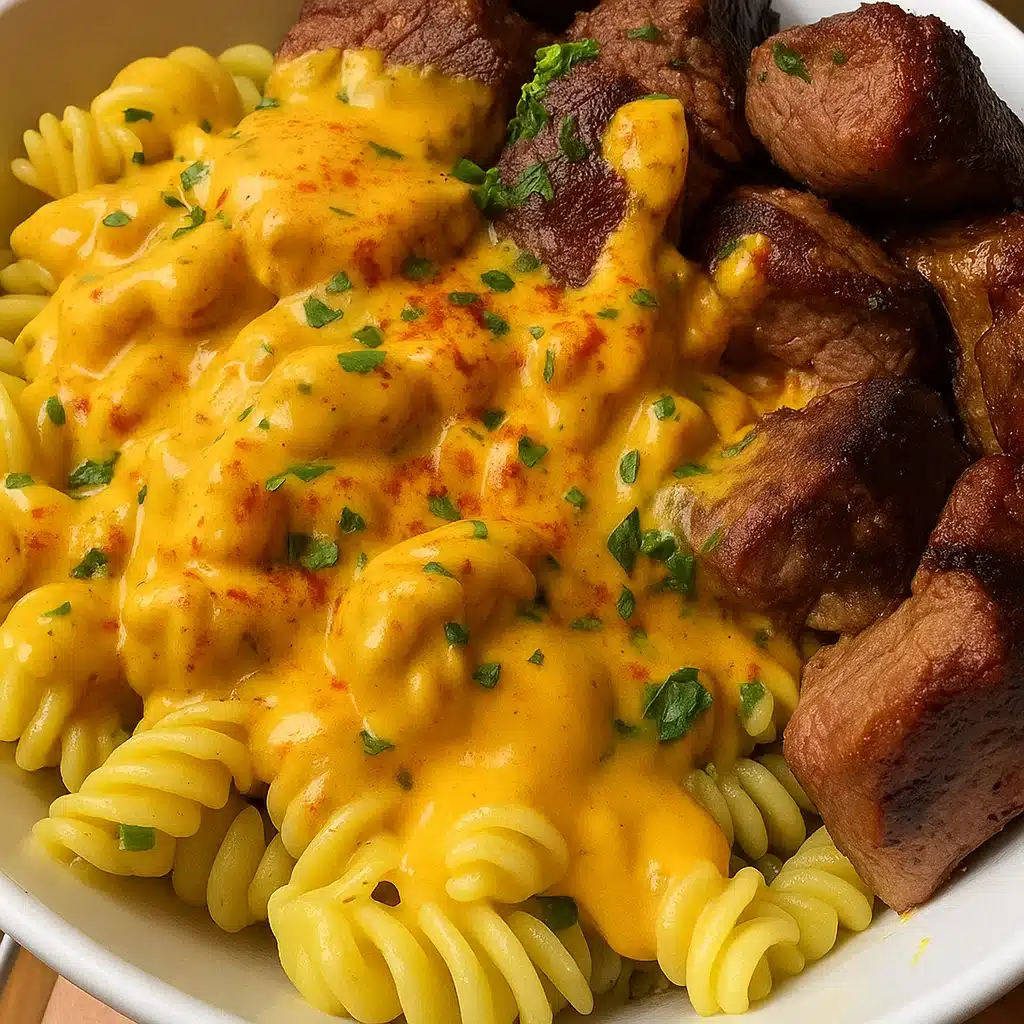 Fiery Steak and Creamy Garlic Rotini 6 A sizzling plate of juicy seared steak strips served over creamy garlic rotini pasta, garnished with fresh herbs and a hint of spice for a fiery kick.