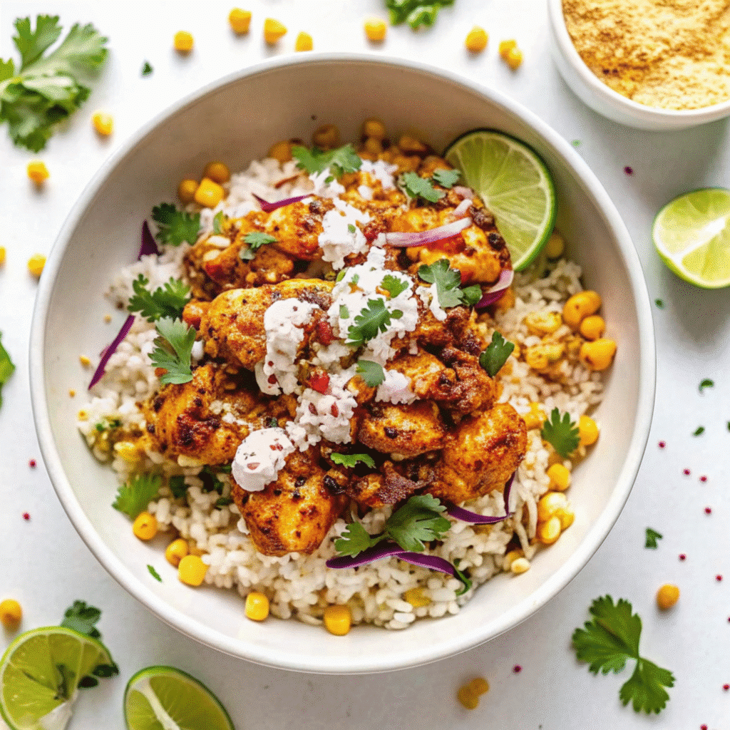 Colorful Street Corn Chicken Rice Bowl with golden chicken, creamy Mexican street corn topping, crumbled Cotija cheese, fresh cilantro, and lime wedges on a bed of white rice