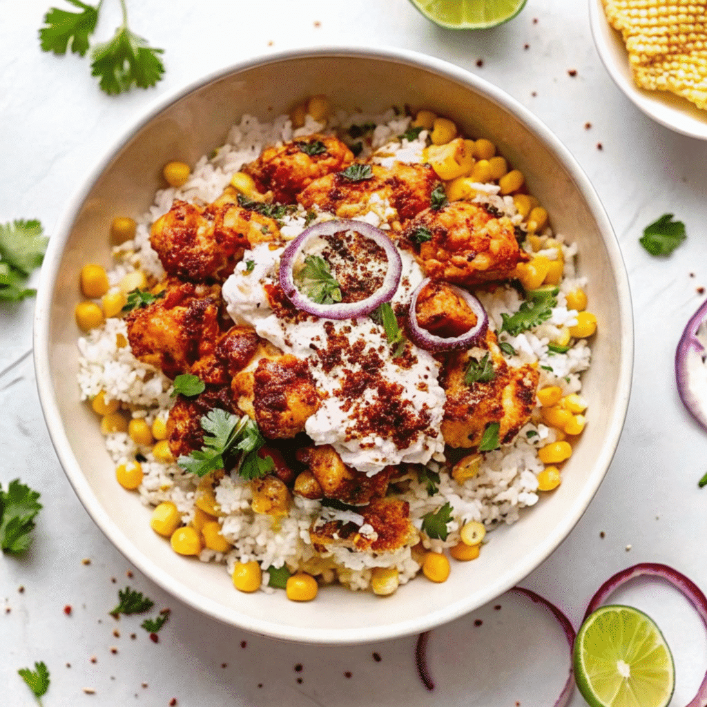 Colorful Street Corn Chicken Rice Bowl with golden chicken, creamy Mexican street corn topping, crumbled Cotija cheese, fresh cilantro, and lime wedges on a bed of white rice