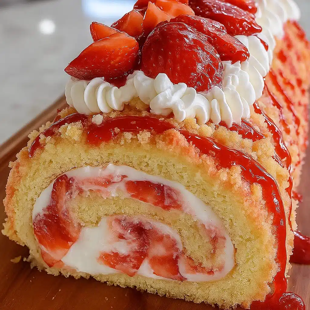 Strawberry Shortcake Sushi Rolls 6 Strawberry shortcake sushi rolls sliced into perfect rounds showing swirls of vanilla sponge cake white whipped cream and fresh red strawberries arranged on white plate