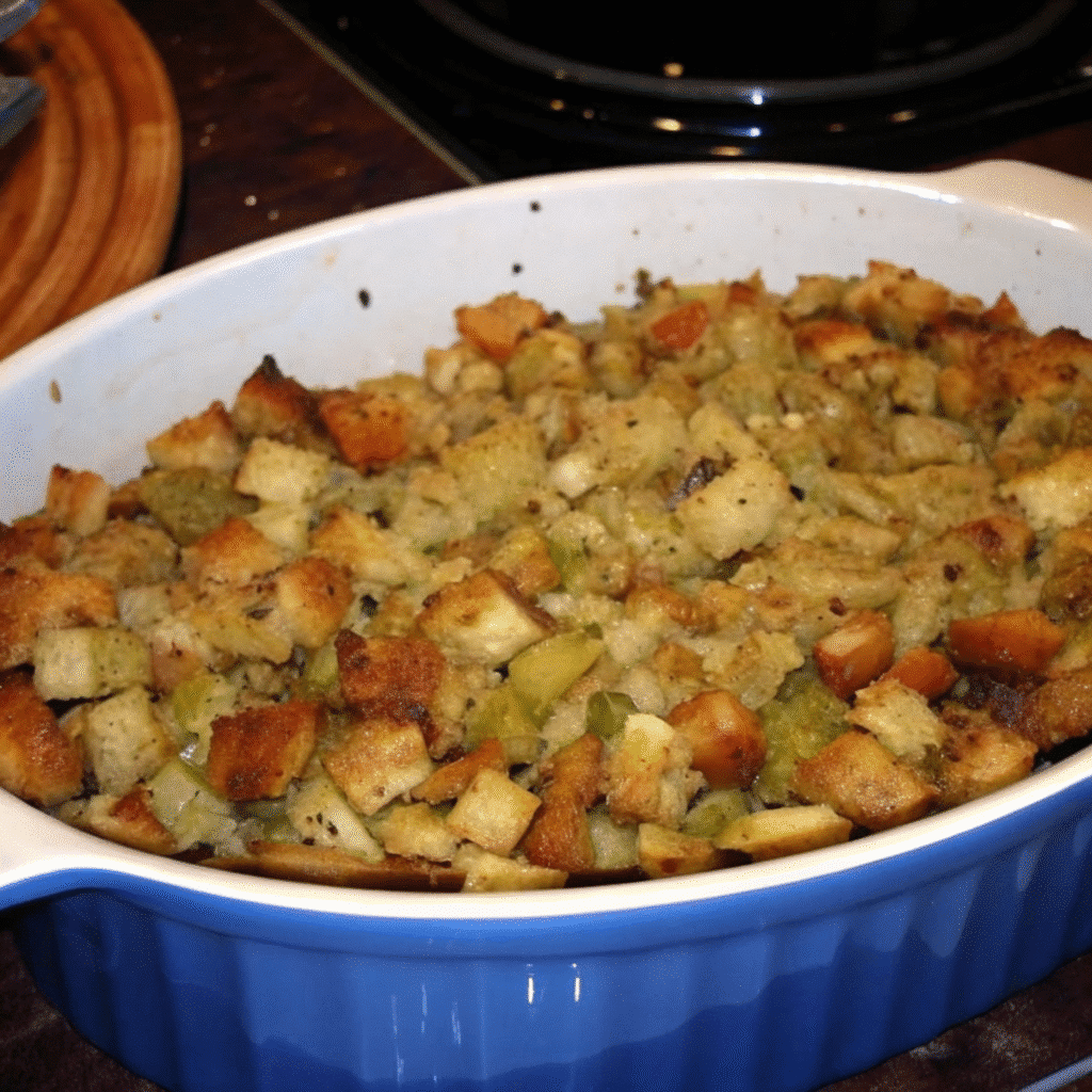 Grandma's Thanksgiving stuffing—crispy on top, perfectly moist inside, and packed with buttery herb flavor that'll have everyone asking for the recipe!