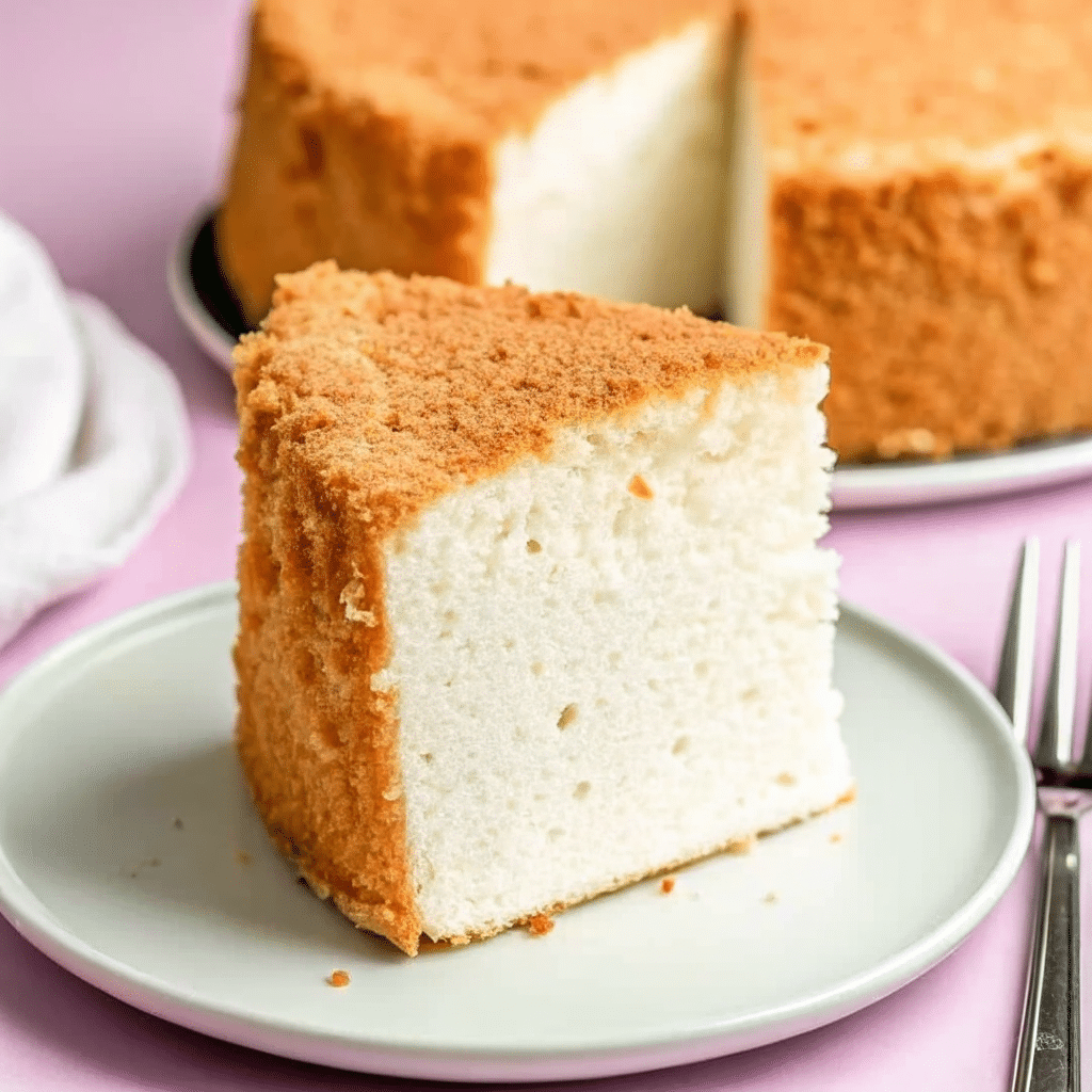 golden angel food cake with a light, airy texture displayed on a white cake stand, dusted with powdered sugar