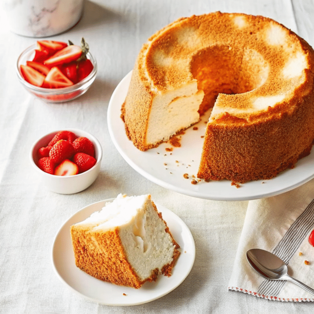 golden angel food cake with a light, airy texture displayed on a white cake stand, dusted with powdered sugar