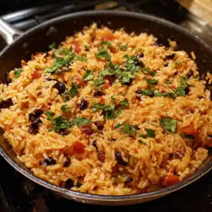 One-pot black beans and rice cooked with spices, tomatoes, and fresh herbs