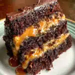 Chocolate Caramel Cake — three layers of ultra-moist chocolate cake, salted caramel filling, and silky chocolate buttercream with a gorgeous caramel drizzle