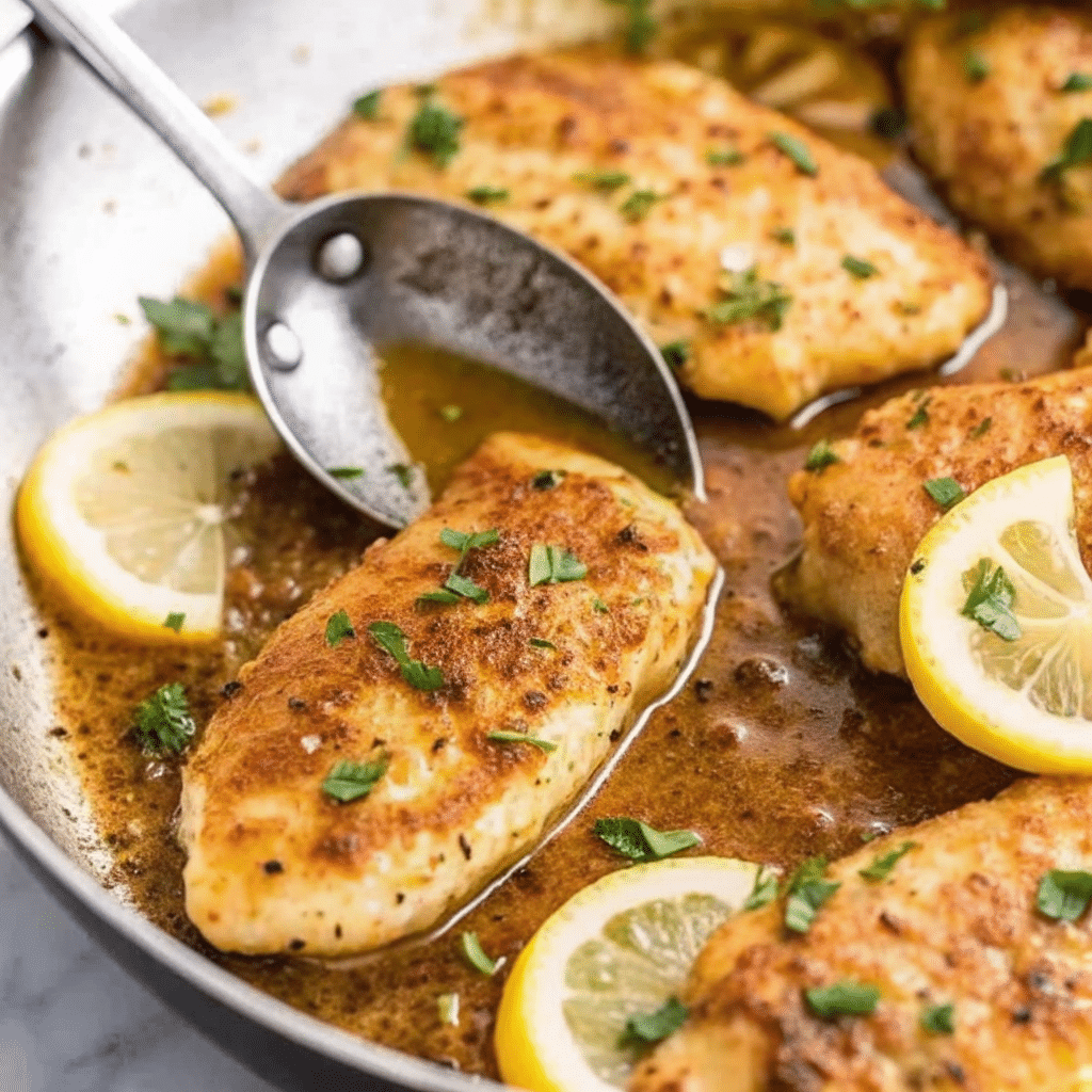 Lemon pepper chicken breast seared golden and garnished with fresh lemon slices and herbs.