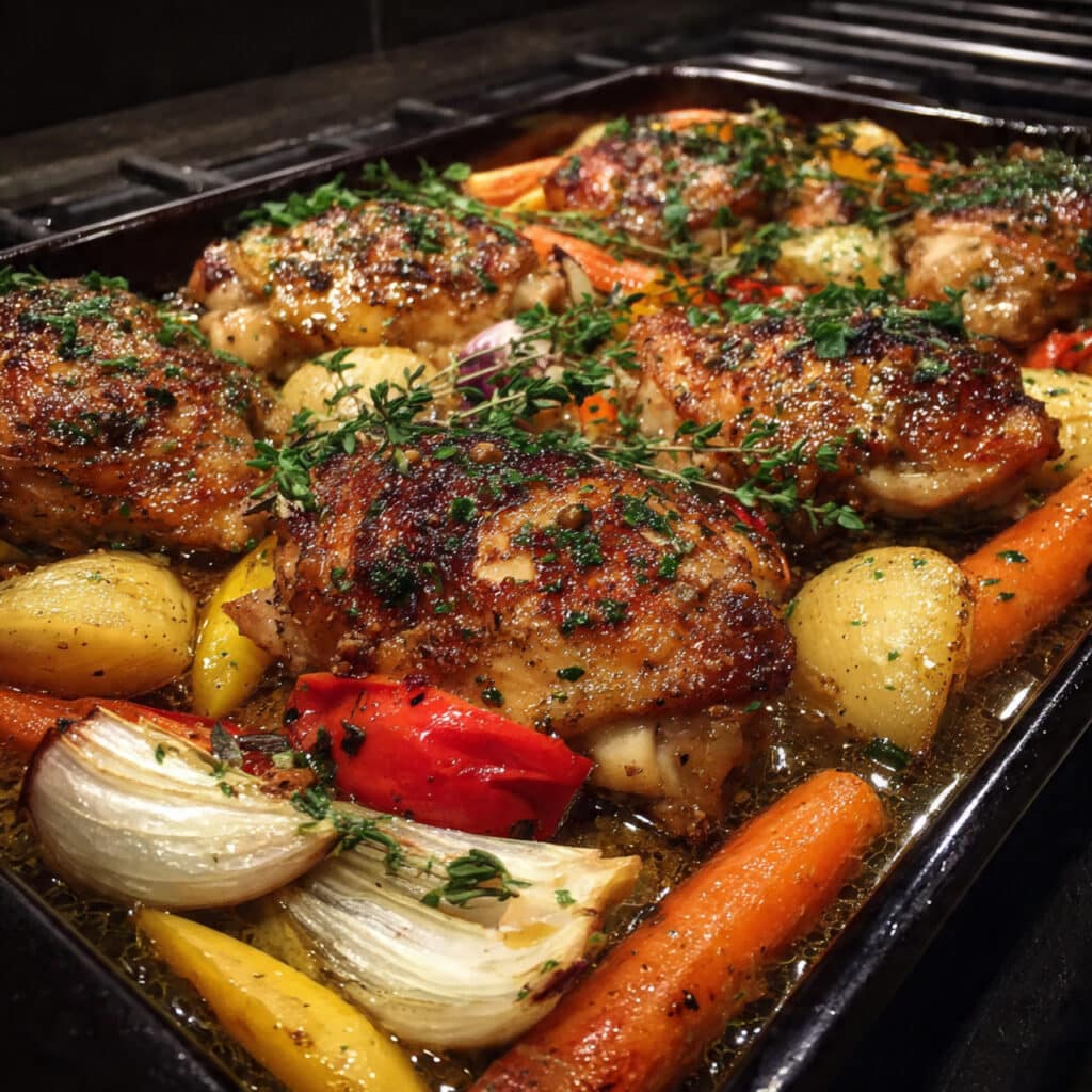 Honey Dijon chicken baked until golden and glazed with a sweet, tangy sauce.