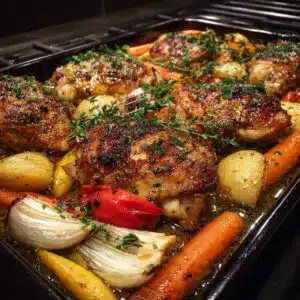 Honey Dijon chicken baked until golden and glazed with a sweet, tangy sauce.