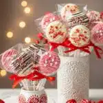 Festive Valentine’s Day Oreo pops dipped in pink and white chocolate, decorated with heart sprinkles and served on lollipop sticks.
