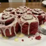 Freshly baked red velvet cinnamon rolls in a baking dish topped with creamy vanilla bean cream cheese frosting, showing vibrant red swirls and golden brown edges