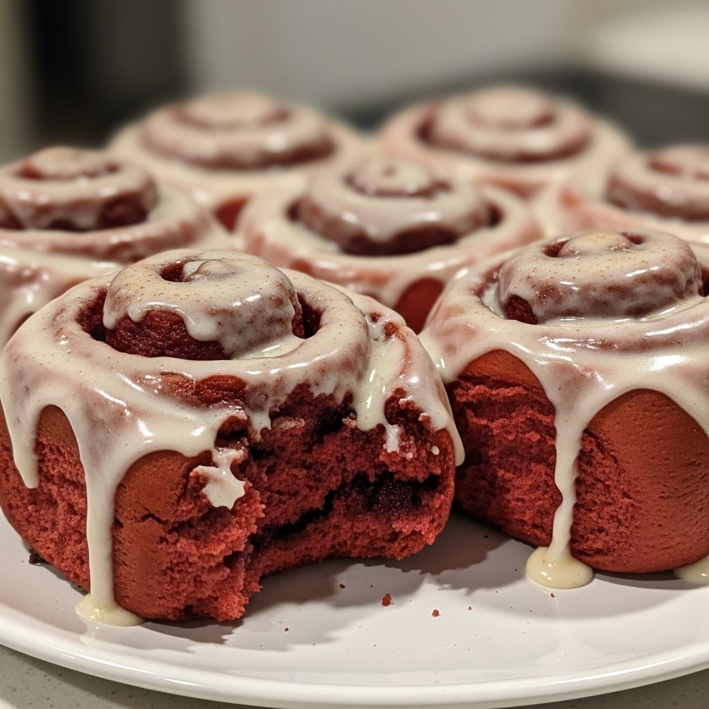 Freshly baked red velvet cinnamon rolls in a baking dish topped with creamy vanilla bean cream cheese frosting, showing vibrant red swirls and golden brown edges