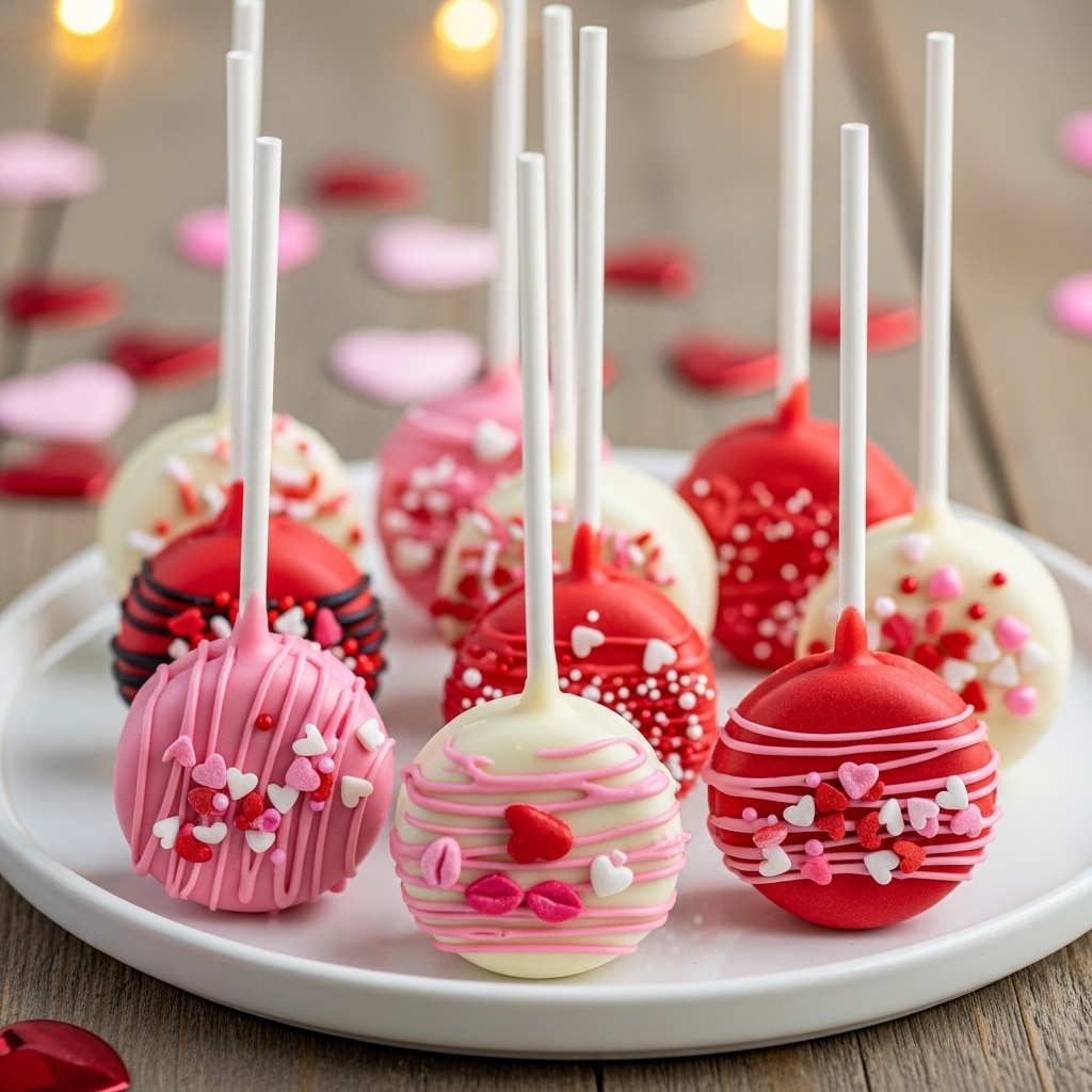 Festive Valentine’s Day Oreo pops dipped in pink and white chocolate, decorated with heart sprinkles and served on lollipop sticks.