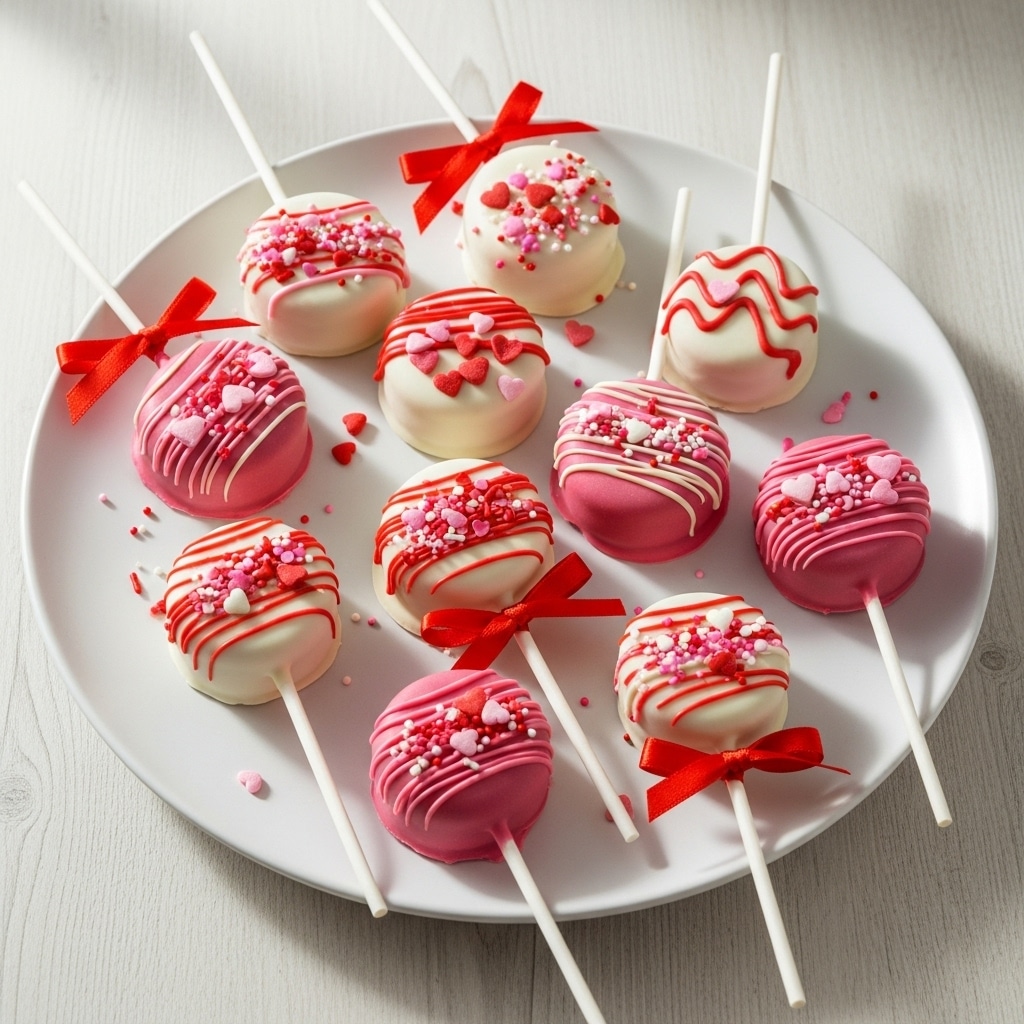 Festive Valentine’s Day Oreo pops dipped in pink and white chocolate, decorated with heart sprinkles and served on lollipop sticks.