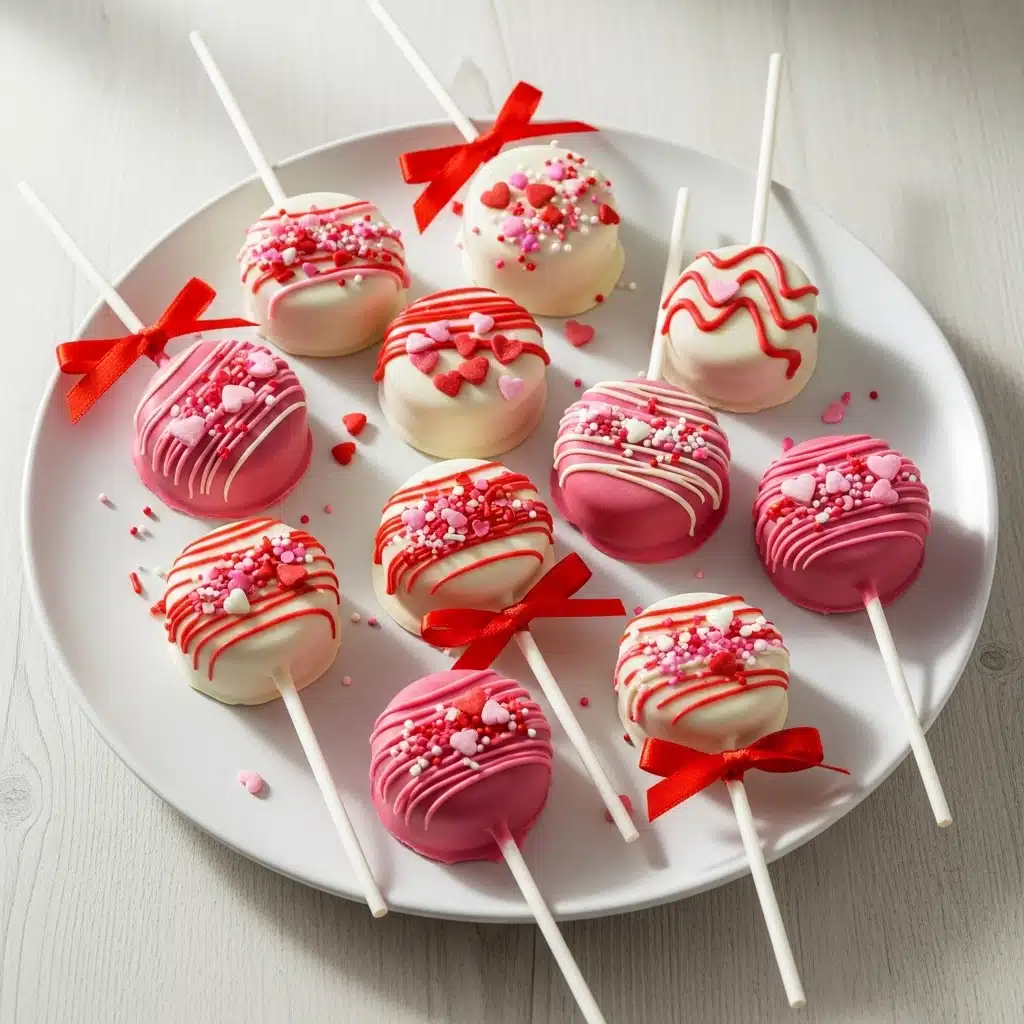 Valentine's Day Oreo Pops 5 Festive Valentine’s Day Oreo pops dipped in pink and white chocolate, decorated with heart sprinkles and served on lollipop sticks.