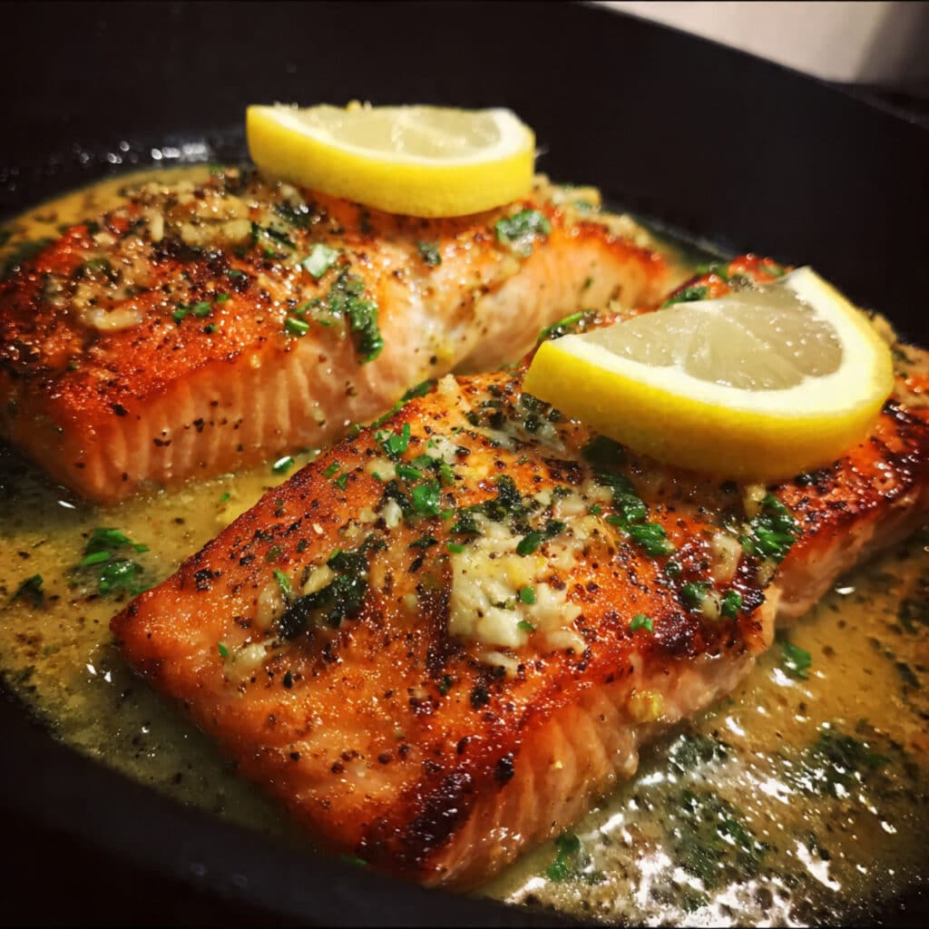 Baked lemon garlic salmon fillet on foil with caramelized lemon slices and fresh parsley, served on a sheet pan