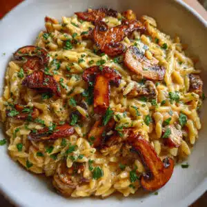 Creamy mushroom orzo cooked with sautéed mushrooms, garlic, and fresh herbs.