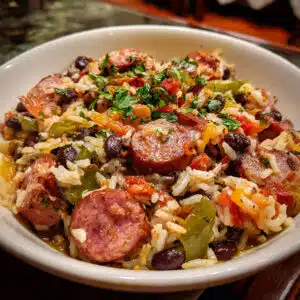 Black beans and rice with sausage cooked together with spices, peppers, and herbs