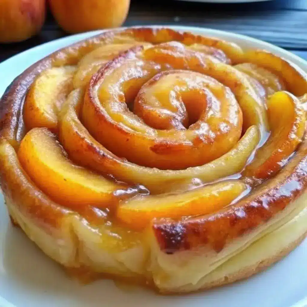 peach pie cinnamon rolls with white cinnamon glaze drizzled on top, arranged in a round pie plate, showing swirled peachy filling inside each fluffy roll