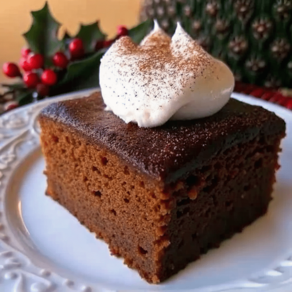 Square slice of moist gingerbread cake dusted with powdered sugar on a white plate, showing tender crumb texture with warm brown color