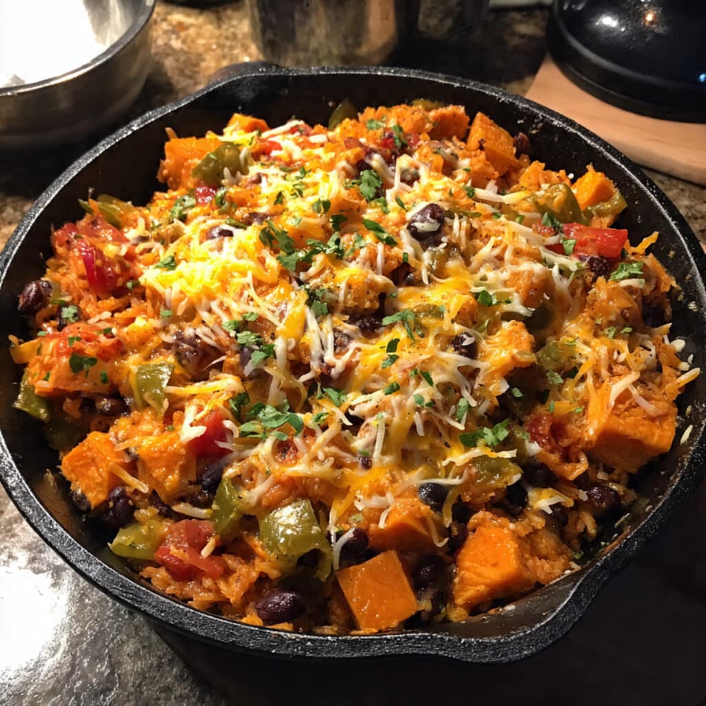 A colorful Southwest Sweet Potato, Black Bean and Rice Skillet in a large pan, topped with melted cheese, fresh cilantro, and lime wedges, showing vibrant orange sweet potatoes and black beans mixed with rice