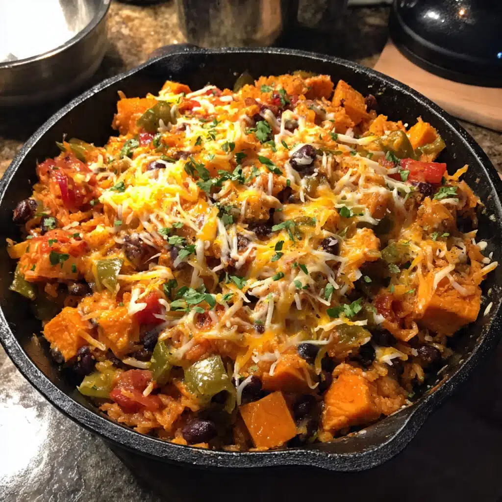 A colorful Southwest Sweet Potato, Black Bean and Rice Skillet in a large pan, topped with melted cheese, fresh cilantro, and lime wedges, showing vibrant orange sweet potatoes and black beans mixed with rice