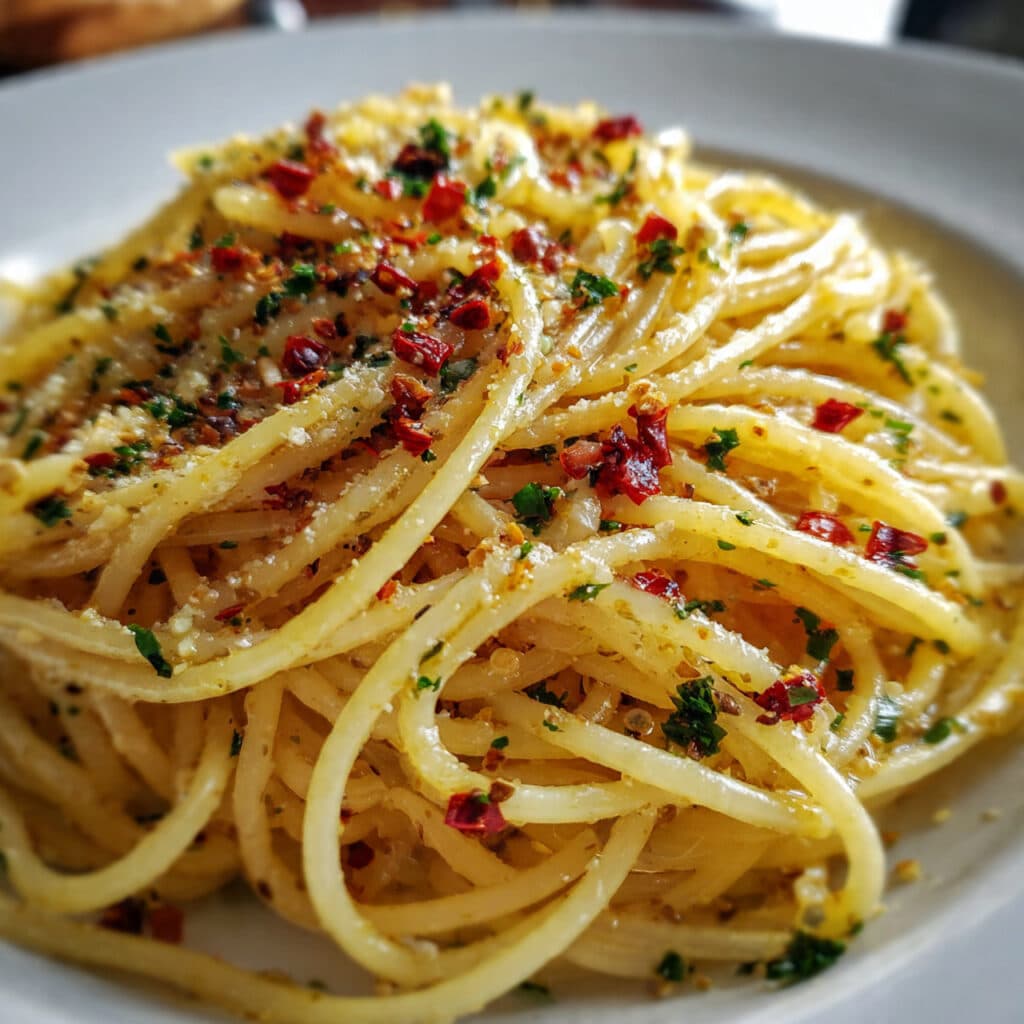 Spaghetti aglio e olio tossed with garlic, olive oil, red pepper flakes, and parsley