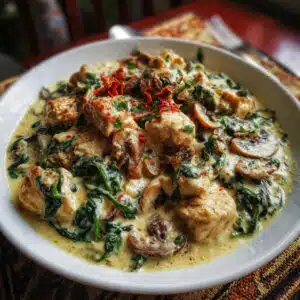 Spinach mushroom chicken in a creamy sauce with tender chicken breasts and sautéed mushrooms.