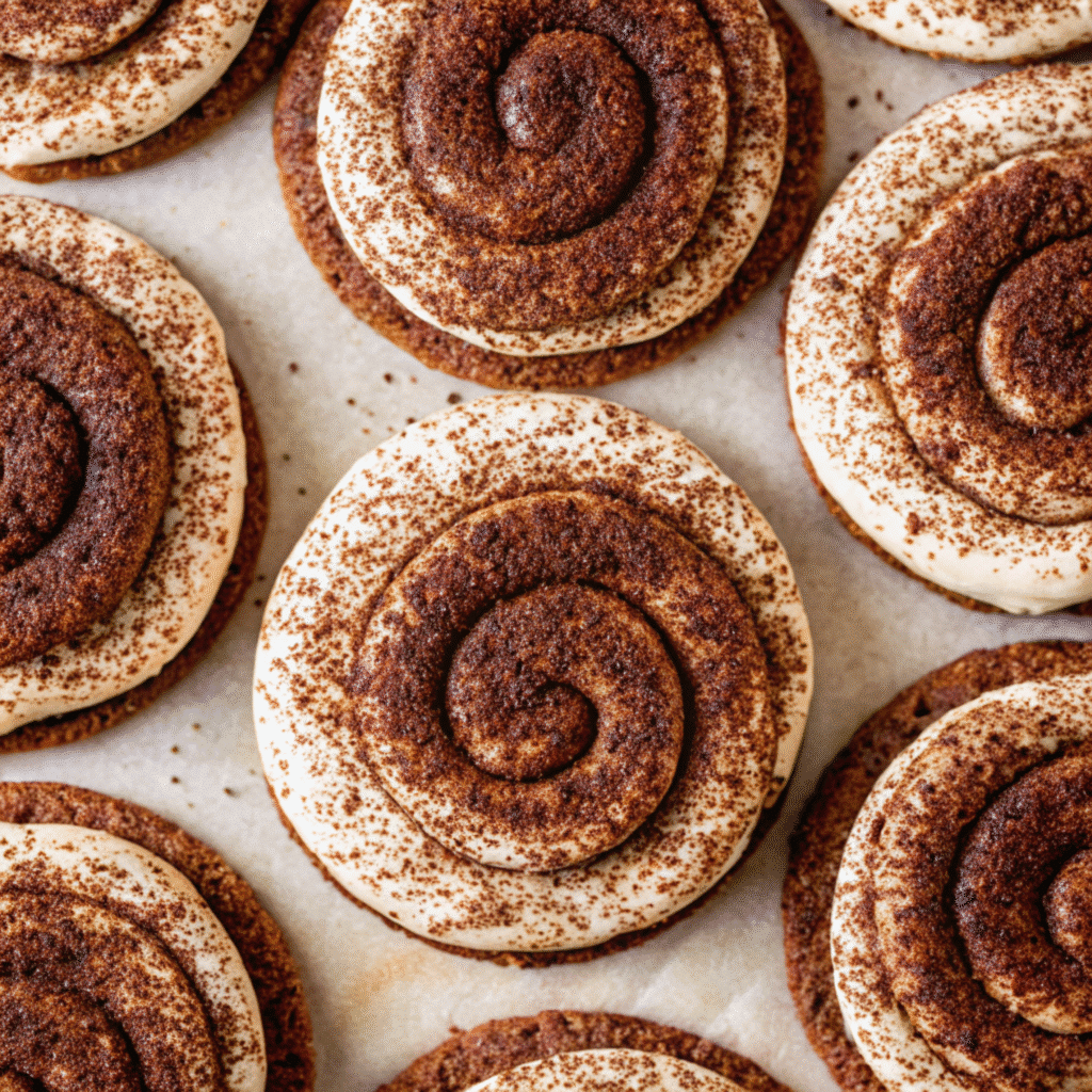 Tiramisu cookies dusted with cocoa powder and filled with creamy mascarpone