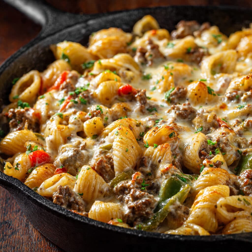 Philly Cheese Steak Casserole combines tender pasta shells with savory beef, peppers, onions, and loads of melted cheese. One pan, 45 minutes