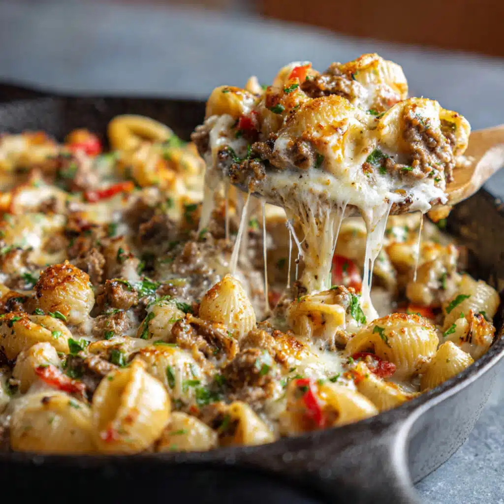 Philly Cheese Steak Casserole combines tender pasta shells with savory beef, peppers, onions, and loads of melted cheese. One pan, 45 minutes