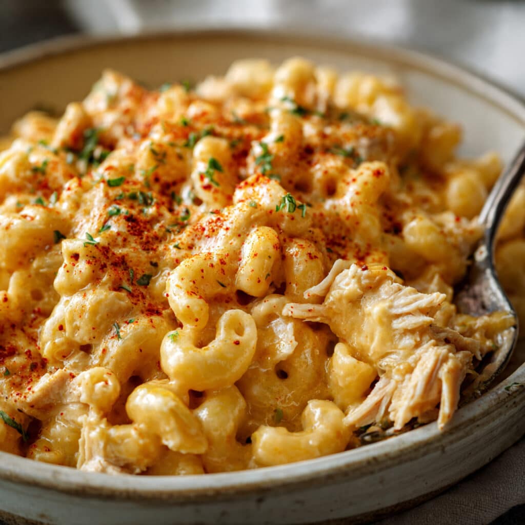 Creamy chicken mac and cheese in a white bowl with a fork, showing tender elbow macaroni coated in golden cheese sauce with chunks of chicken throughout, garnished with paprika