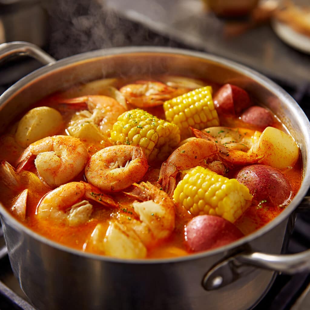 Classic shrimp boil with corn, potatoes, and andouille sausage