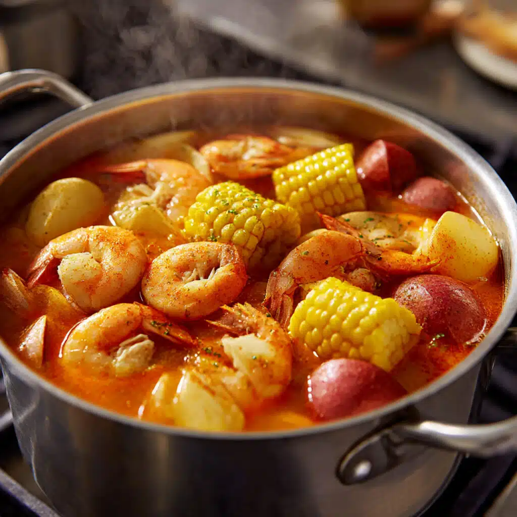 Classic shrimp boil with corn, potatoes, and andouille sausage