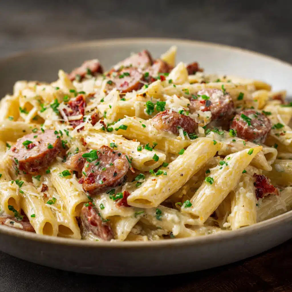 Creamy Kielbasa Pasta comes together in under 30 minutes with simple ingredients! Smoky kielbasa, tender pasta, and the most incredible cheesy sauce