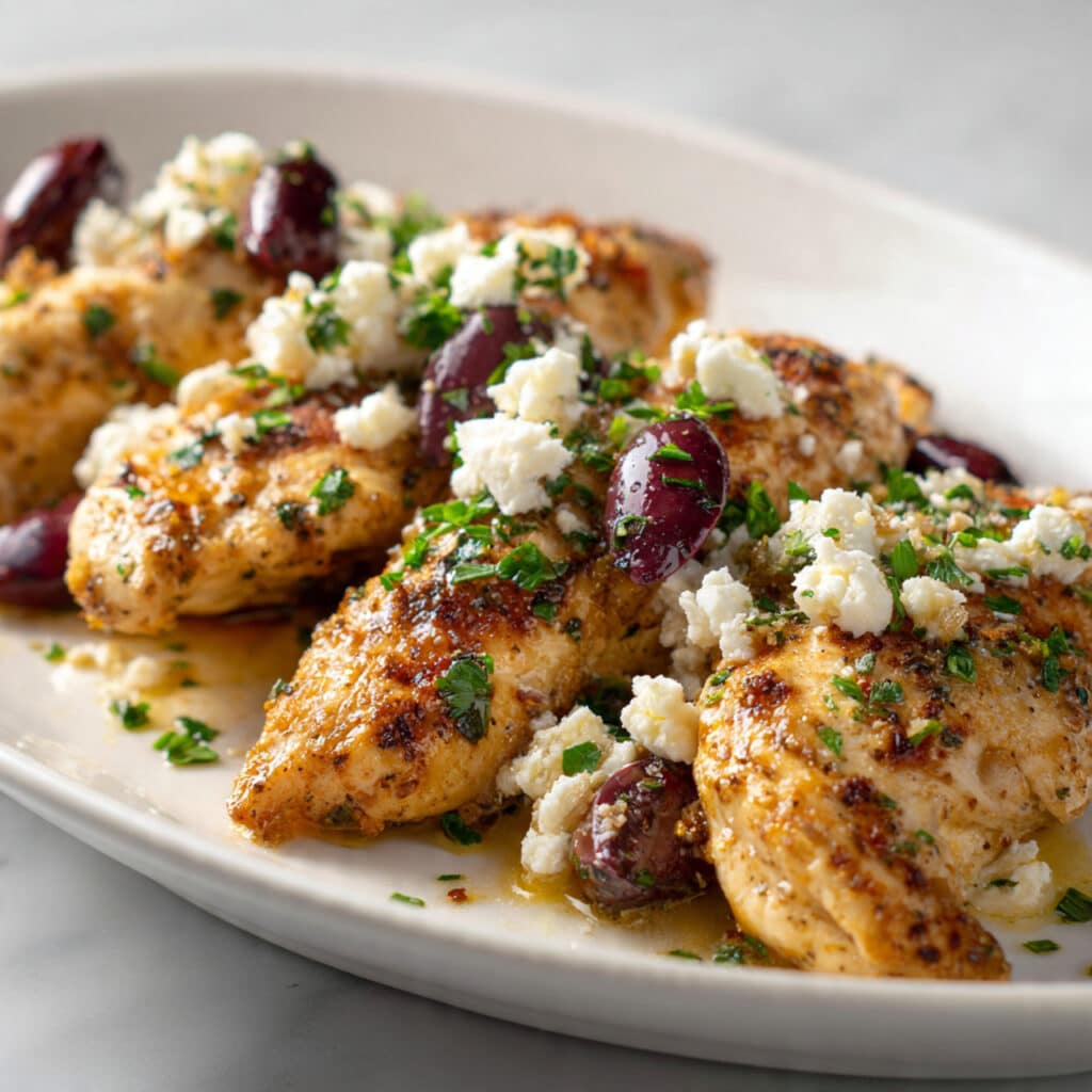 Golden brown Mediterranean chicken tenders on a white plate garnished with fresh parsley, crumbled feta cheese, and Kalamata olives