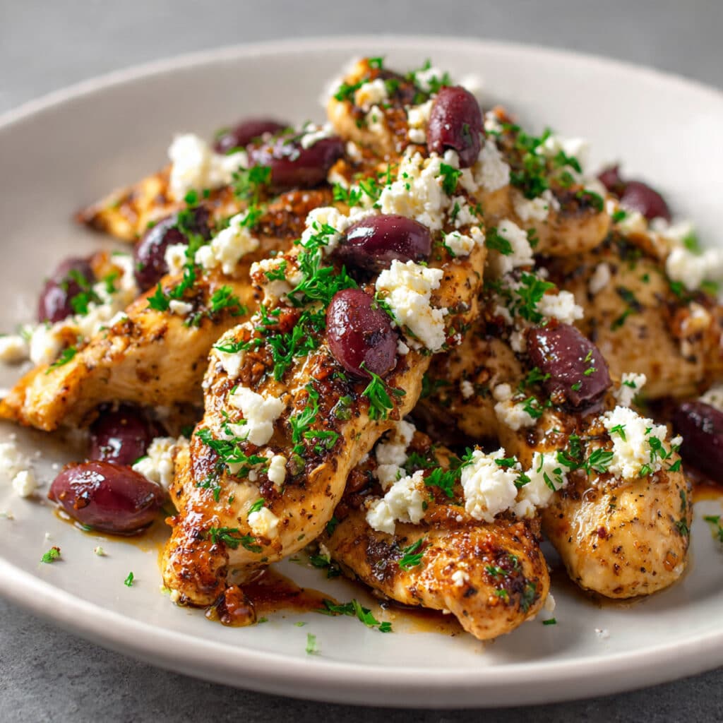 Golden brown Mediterranean chicken tenders on a white plate garnished with fresh parsley, crumbled feta cheese, and Kalamata olives