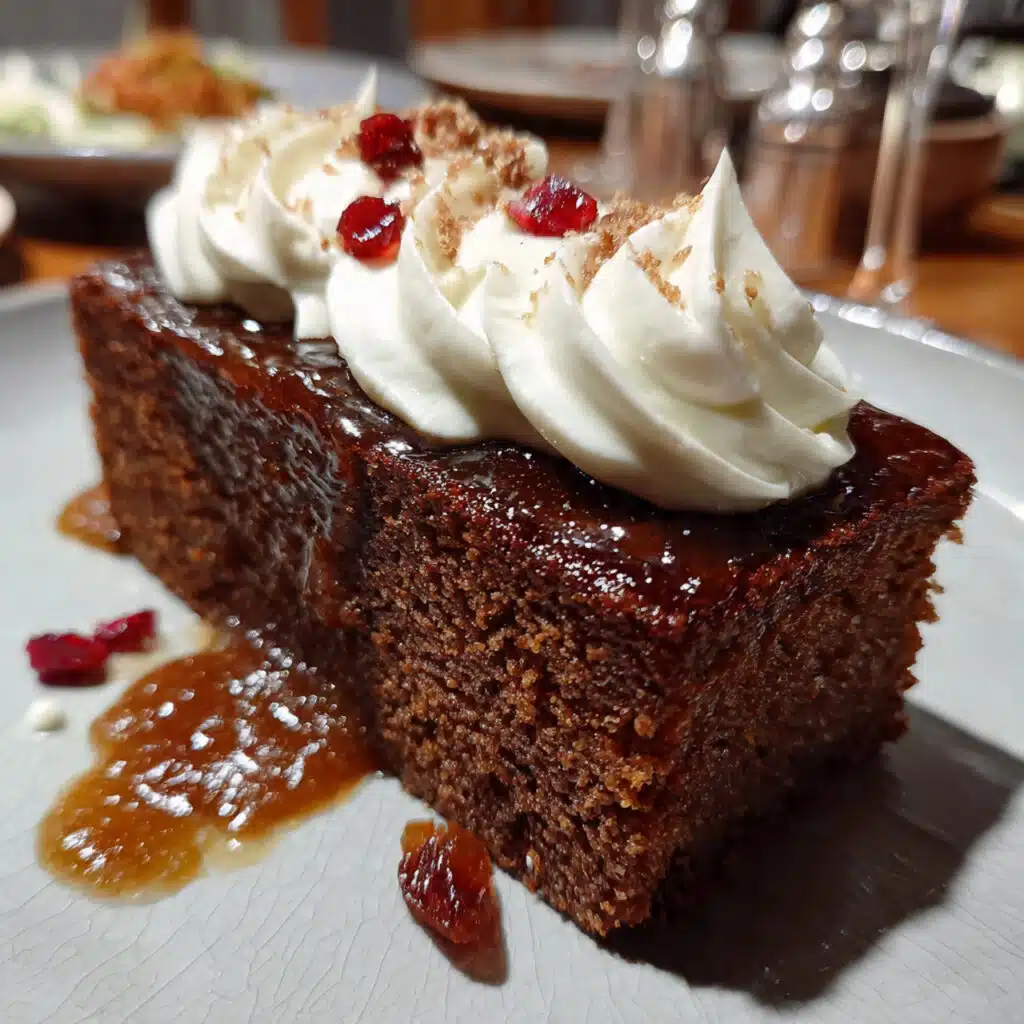 Square slice of moist gingerbread cake dusted with powdered sugar on a white plate, showing tender crumb texture with warm brown color