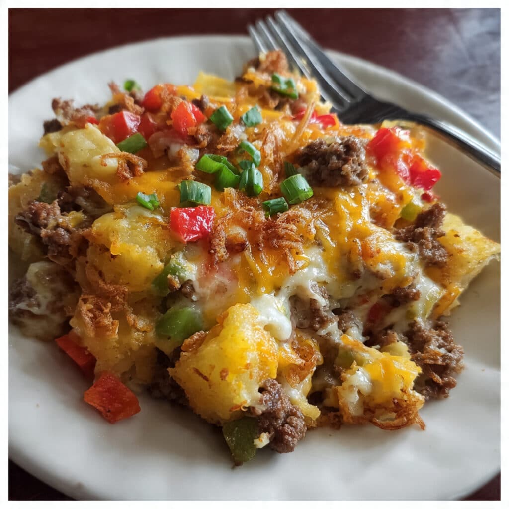 hearty hobo casserole in a white baking dish showing layers of seasoned ground beef, tender sliced potatoes, melted cheddar cheese, and crispy fried onions on top