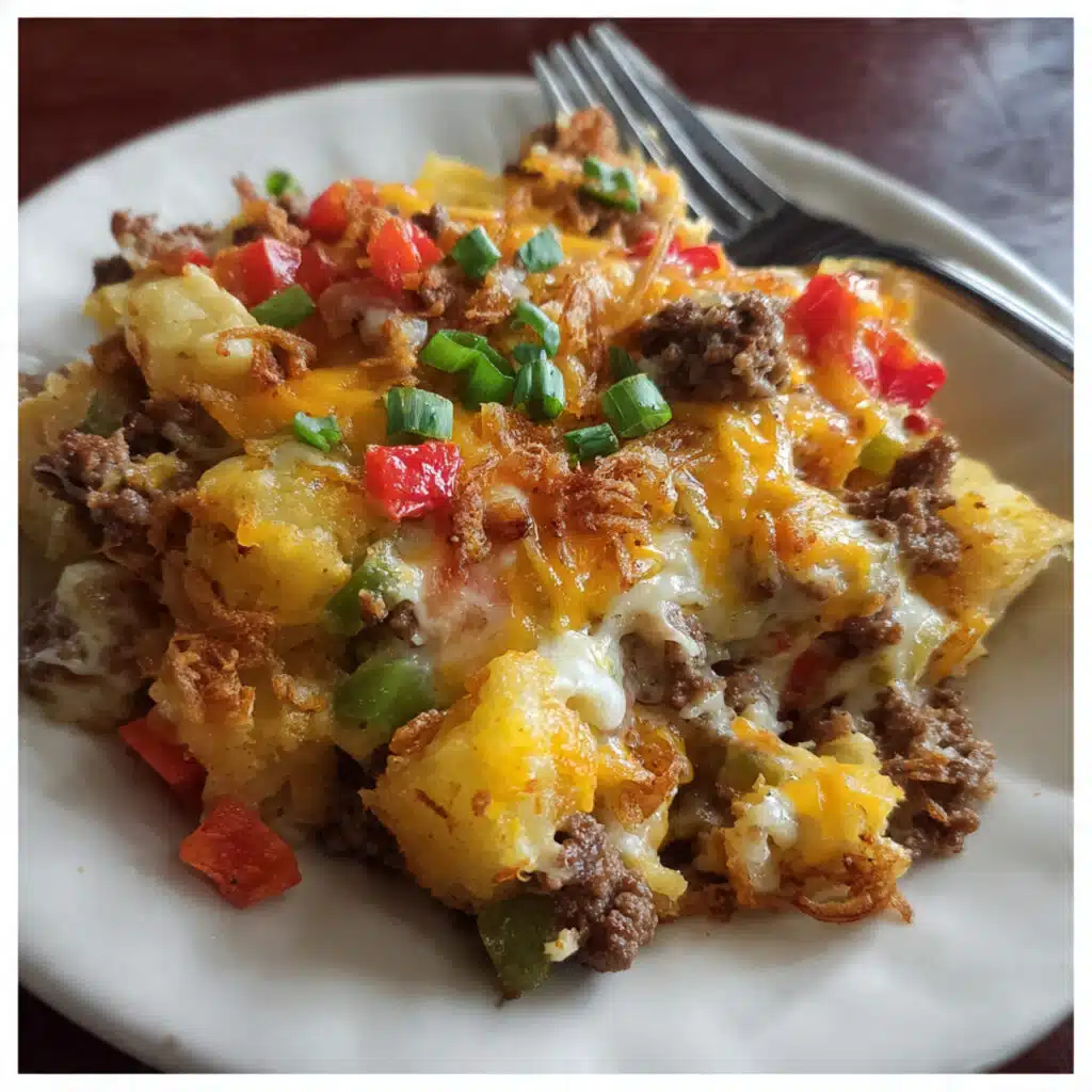 hearty hobo casserole in a white baking dish showing layers of seasoned ground beef, tender sliced potatoes, melted cheddar cheese, and crispy fried onions on top