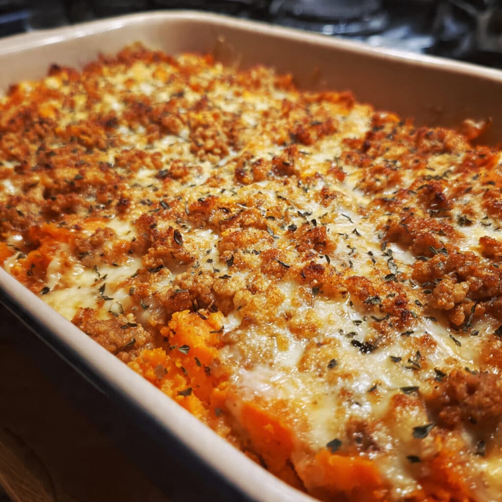 Ground Turkey and Sweet Potato Bake topped with melted cheese and fresh herbs.