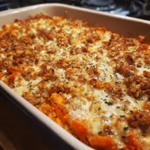 Ground Turkey and Sweet Potato Bake topped with melted cheese and fresh herbs.