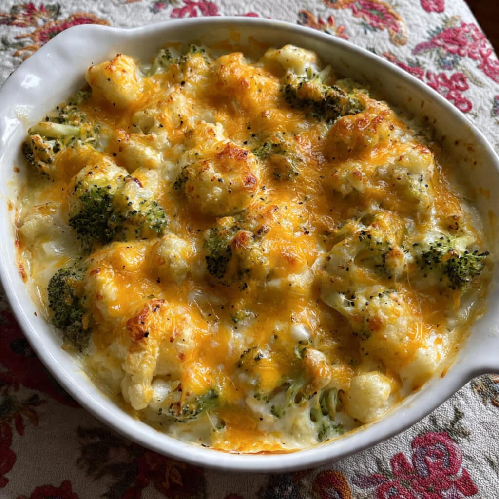 Cheesy Cauliflower and Broccoli Casserole is the ultimate comfort food—creamy, cheesy, and topped with golden buttery crackers